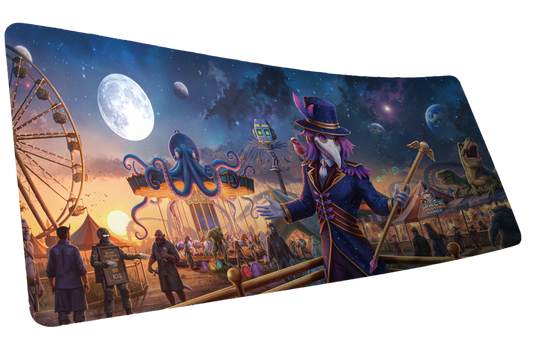 Crowmedia Festival of Feathers gaming deskmat featuring a plague doctor ringmaster at a cosmic carnival