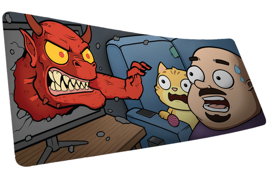 Product mockup of the Dansgaming Horror Month 2026 XXL gaming deskmat featuring a red demon, Dansgaming, and a frightened cat.
