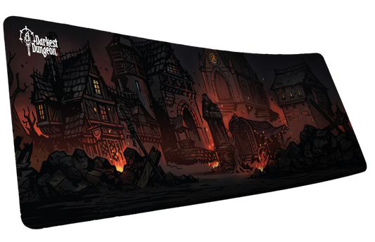 Darkest Dungeon Design 2 desk mat featuring a ruined village street with burning debris and gothic buildings