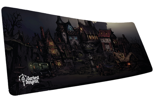 Darkest Dungeon Design 3 desk mat featuring the Hamlet’s crooked buildings and glowing windows