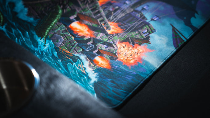 Gaming mouse moving across the dense woven surface of a Rust deskmat