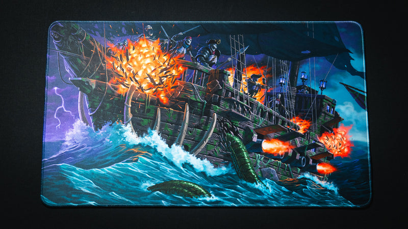 Top-down view of the Dreadmarrow playmat featuring an undead ghost ship under siege, skeletal pirates, fiery cannon blasts, stormy seas, and towering tentacles in a dark fantasy setting.