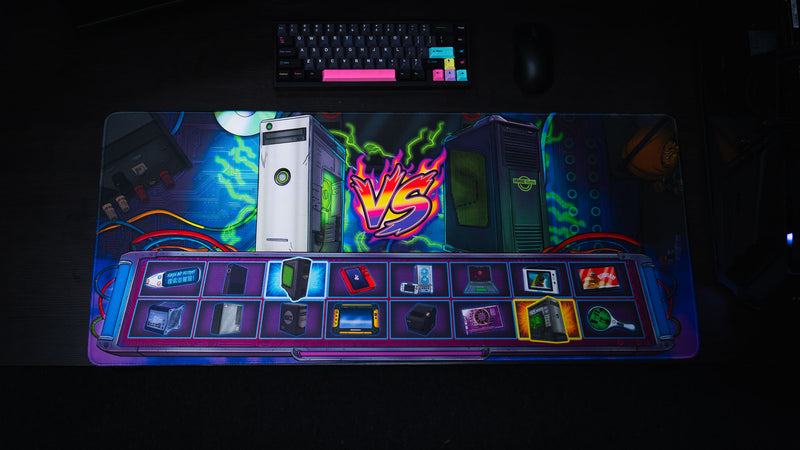 E-waste Showdown deskmat by Bringus Studios featuring two retro gaming PCs facing off in a neon-lit showdown surrounded by circuit boards, vintage electronics, colorful cables, and arcade-inspired inventory icons.