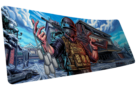 Extraction Boss deskmat created in collaboration with ImOw, featuring a tactical operator holding engraved dog tags in a snowy urban battlefield with bold, high-detail artwork and premium stitched-edge construction.