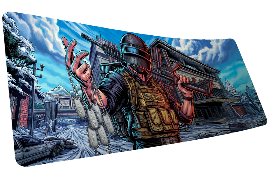 Extraction Boss deskmat created in collaboration with ImOw, featuring a tactical operator holding engraved dog tags in a snowy urban battlefield with bold, high-detail artwork and premium stitched-edge construction.
