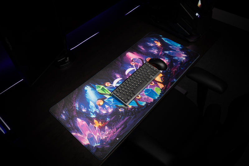 Angled overhead view of GHOSTYMPA's Perplexray's Paradise deskmat with a keyboard and mouse over crystal cave artwork.