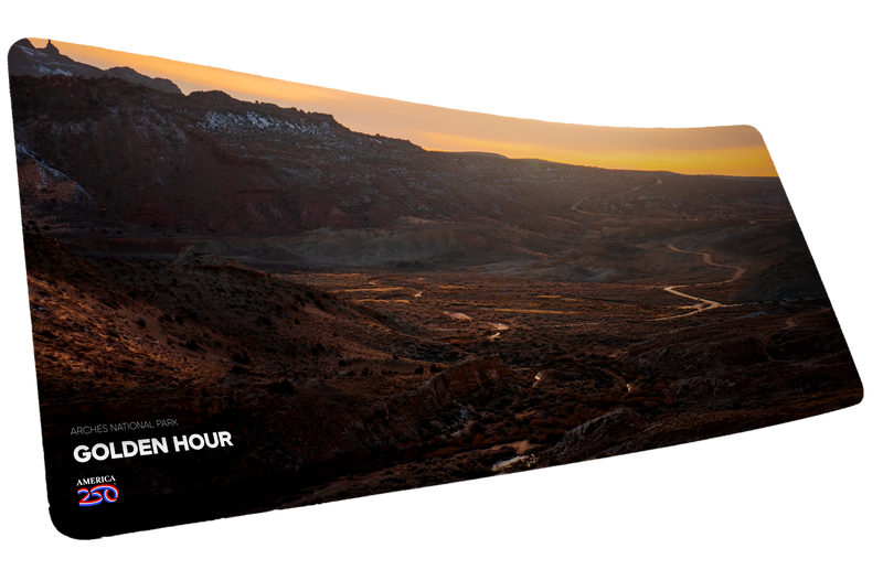 "Golden Hour from Delicate Arch" America 250 XL gaming deskmat — Epic Desk