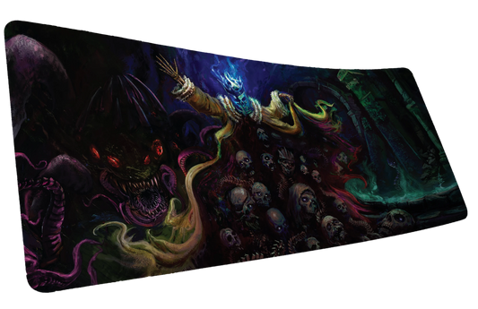 Grim Kleeper Dominion of the Dark gaming desk mat with vivid monsters, skulls, and swirling neon flames