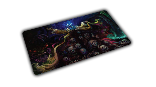 Angled view of Grim Kleaper Dominion of the Dark playmat, featuring a blue-flamed ruler, skulls and tentacled creatures.