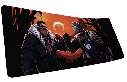Grim Kleeper Redemption on the Old Road gaming desk mat with two dark fantasy heroes beneath an orange eclipse