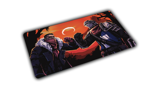 Angled view of Grim Kleaper Redemption on the Old Road playmat with two figures fist-bumping beneath an orange eclipse.