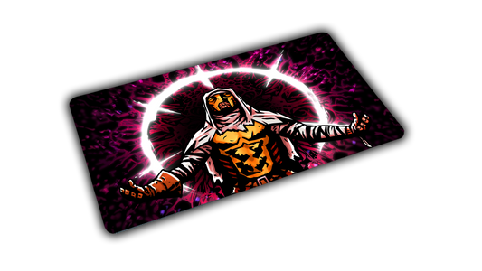 Angled view of Grim Kleaper Spare Them playmat with a robed figure framed by a glowing white arc and magenta energy.
