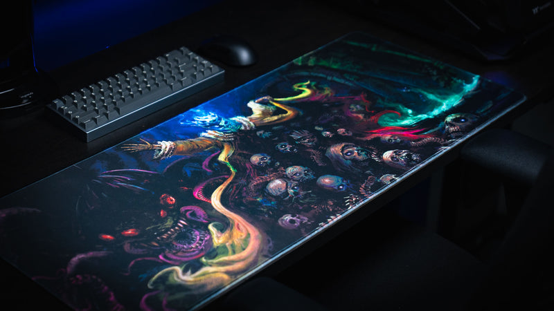 Angled full view of the Dominion of the Dark gaming desk mat with skulls and green-blue flames
