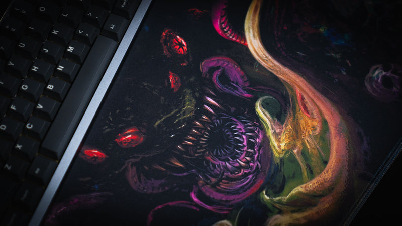 Close detail of the purple skeletal monster artwork on the Dominion of the Dark gaming desk mat