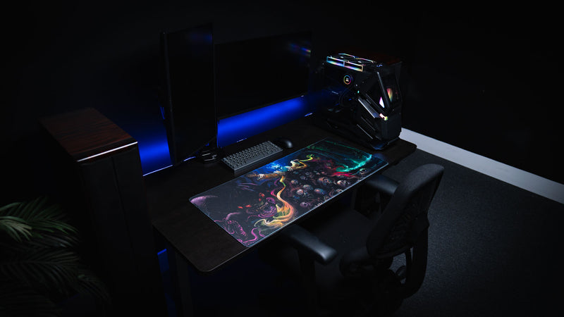 Wide overhead workstation featuring the Grim Kleeper Dominion of the Dark gaming desk mat