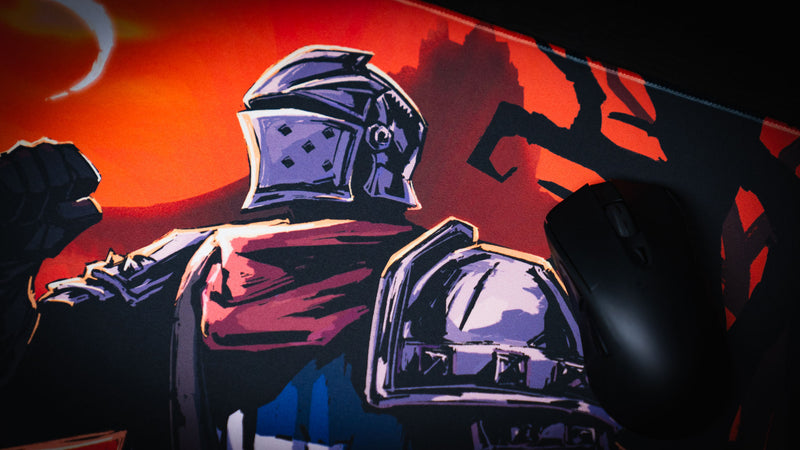 Close view of the armored knight artwork on the Grim Kleeper Redemption on the Old Road desk mat