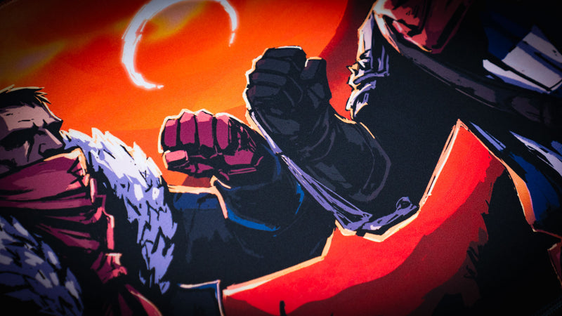 Detailed view of the two dark fantasy heroes meeting on the Redemption on the Old Road desk mat