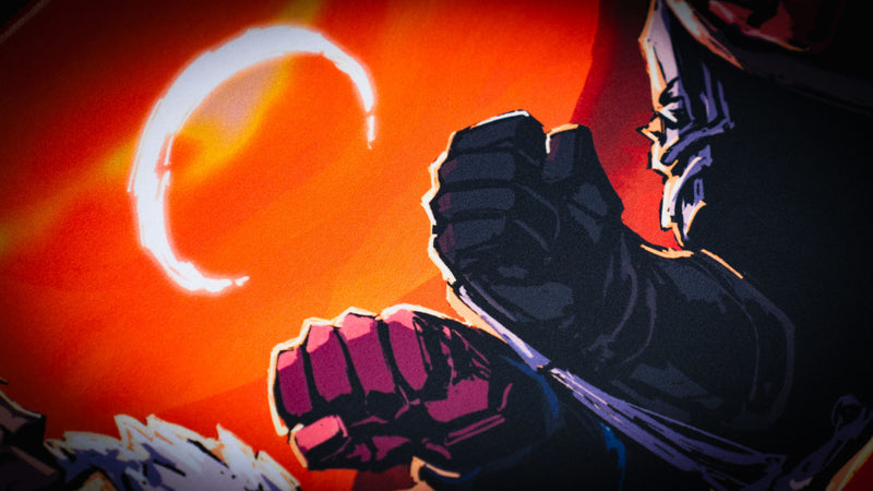 Close detail of two armored fists beneath the orange eclipse on the Redemption on the Old Road desk mat