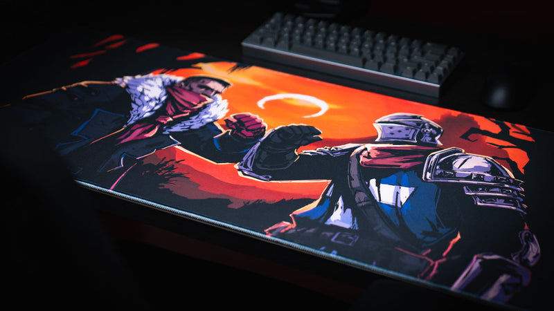 Low angled view of the Redemption on the Old Road desk mat beneath a keyboard