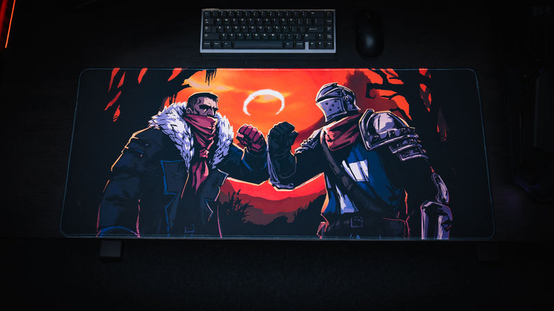 Overhead desk setup featuring the Redemption on the Old Road gaming desk mat beneath a keyboard