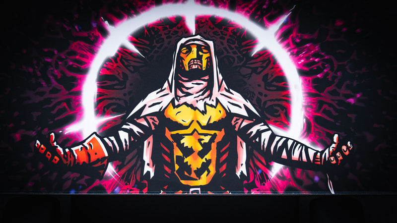 Centered view of the hooded crusader and bright circular glow on the Spare Them gaming desk mat