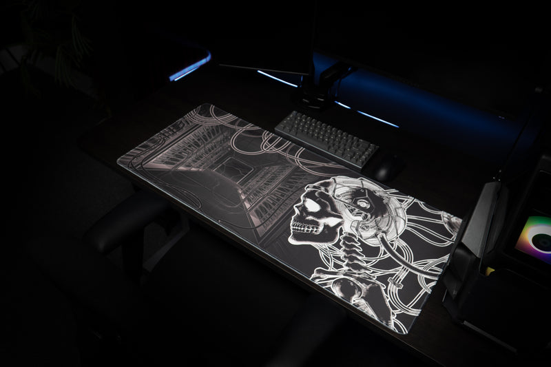 Side-angle view of GRRT Another Nerf deskmat with cybernetic skull and server corridor artwork