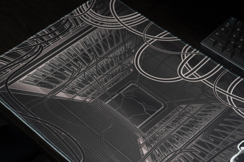 Close-up of the cable-filled server corridor artwork on GRRT Another Nerf deskmat