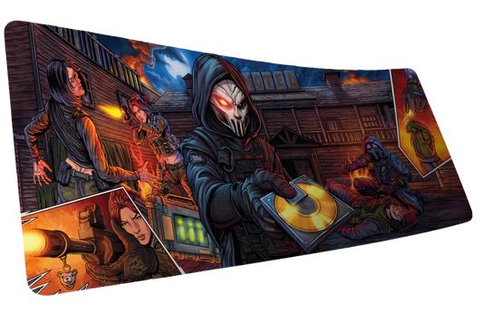 Head Hunters Secret Document Secured deskmat mockup with a skull-masked operator holding a golden disc amid comic-style action.