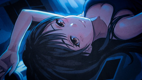 Close-up of the Hello Kiko After Hours deskmat featuring an anime girl's face illuminated by soft moonlight with a smartphone and cozy bedroom details in the background.