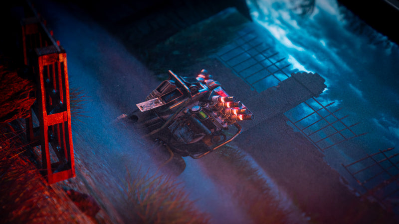 Generator artwork surrounded by mist, an iron fence, and blue moonlight on Hens The Last Campfire deskmat.