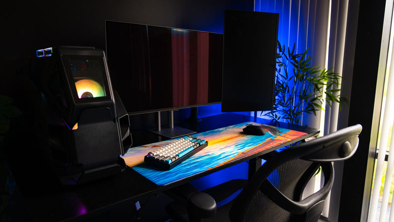 Posty's How Do You Fish deskmat featured in a premium gaming setup with ultrawide monitor, custom PC, and mechanical keyboard.