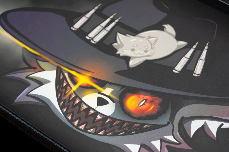 Close-up of Iddqd Chonk Mat artwork showing the cat's fiery eyes, sharp teeth, and a small cat on its cowboy hat.