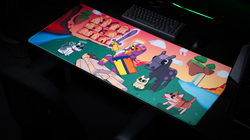 Full angled view of ItzOutlaw's Glorious Victory gaming desk mat beside a keyboard