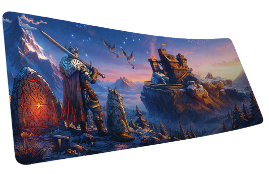 Jakk Frost Hold desk mat artwork with an armored warrior, dragons, and a snowy cliffside fortress