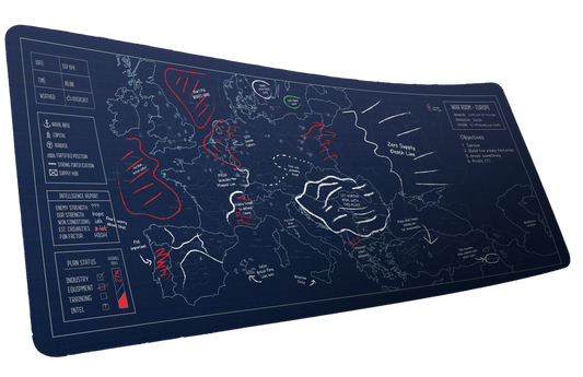 Jaush Vague Concepts of a Plan deskmat mockup featuring a blue map of Europe with tactical markings and handwritten notes.