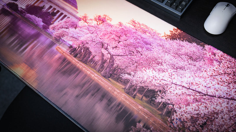 Jefferson Memorial America 250 deskmat close-up featuring pink cherry blossom trees, reflective water, and soft monument artwork.