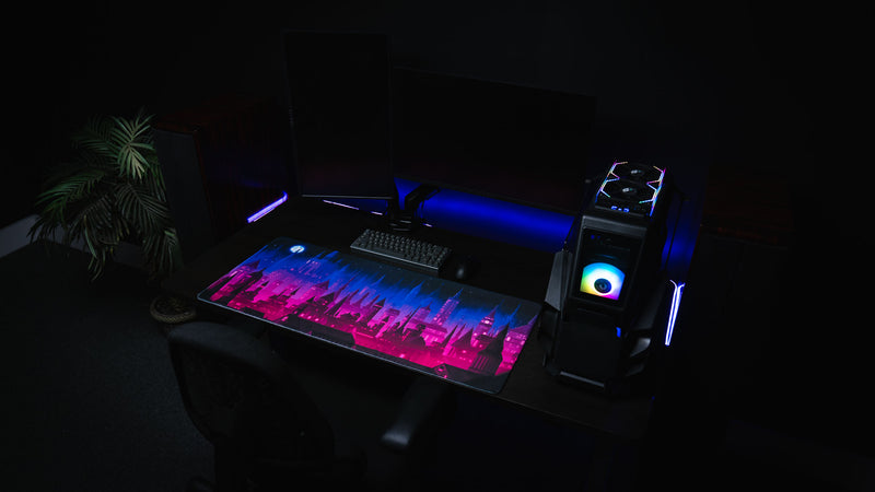 Jillyeon's Chroma Kingdom deskmat in a dual-monitor RGB gaming setup