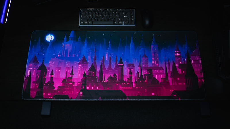 Front view of Jillyeon's Chroma Kingdom deskmat in a dark gaming setup