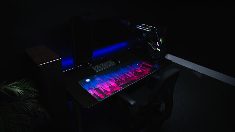 Chroma Kingdom deskmat in a low-light gaming workstation with RGB PC
