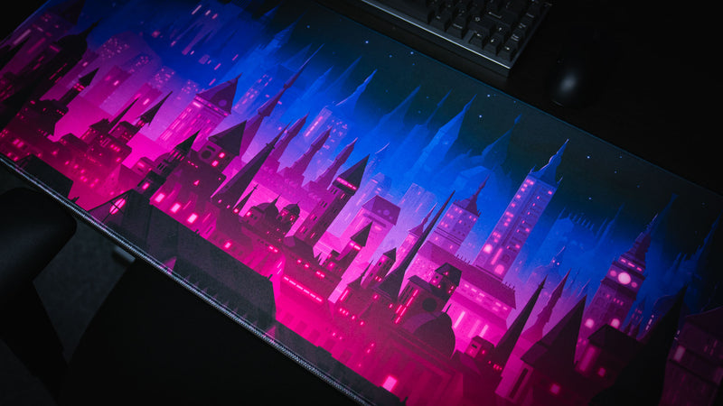 Panoramic view of Jillyeon's Chroma Kingdom moonlit castle deskmat artwork