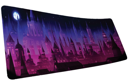 Jillyeon's Chroma Kingdom gaming deskmat product mockup with neon castle artwork