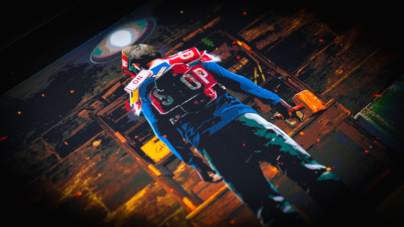 Close-up of the Last Man Standing official Rust gaming deskmat featuring a lone survivor standing inside a dimly lit base, ready for the final fight.