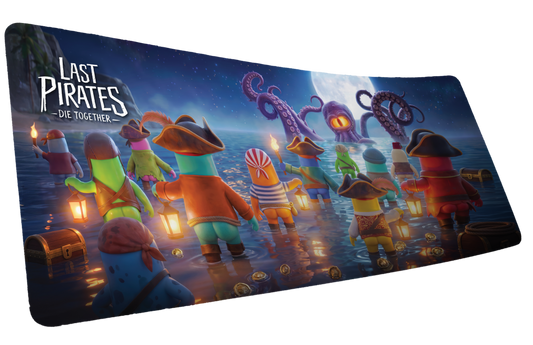 Last Pirates Kraken Tide desk mat mockup with lantern-lit pirates facing a glowing sea creature