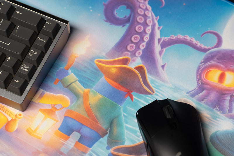 Close-up of a lantern-carrying pirate and the glowing tentacled sea creature on Kraken Tide artwork