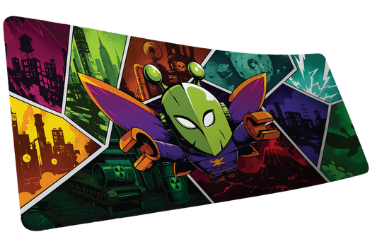 Lure of the Night gaming deskmat featuring a cartoon moth character surrounded by colorful Rust-inspired biome and monument panels in a comic book art style.