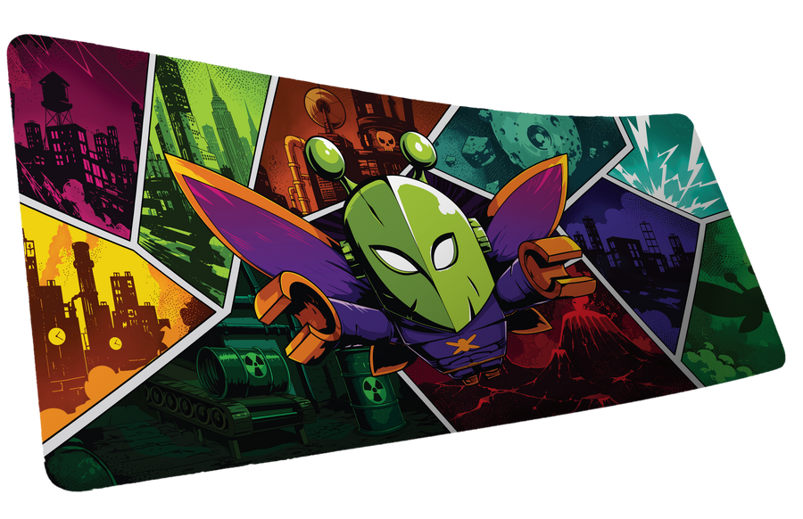 Lure of the Night gaming deskmat featuring a cartoon moth character surrounded by colorful Rust-inspired biome and monument panels in a comic book art style.