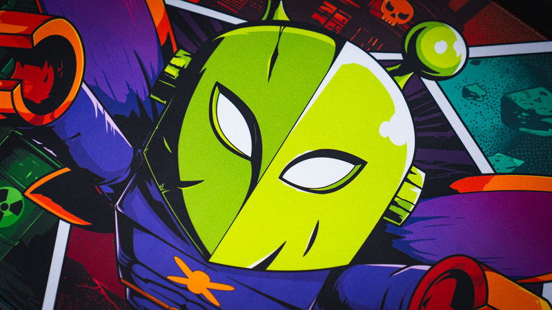 Close-up of the Lure of the Night deskmat featuring a stylized green moth character with vibrant comic-inspired Rust artwork and bold colors.