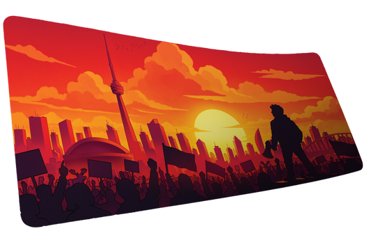 Product mockup of MapleTakes’ Golden Hour Defiance gaming deskmat with a Toronto skyline and protest crowd at sunset