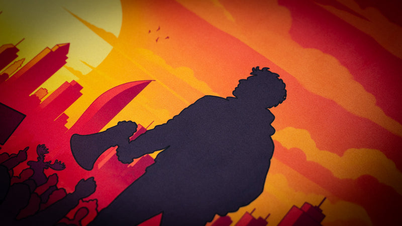 Close-up of the figure holding a megaphone against the Toronto skyline on the MapleTakes Golden Hour Defiance deskmat