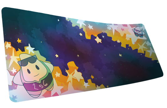MVPCHAN's MVP Galaxy desk mat mockup with a sunglasses-wearing 256 mascot, colorful stars, and a teal-purple galaxy.